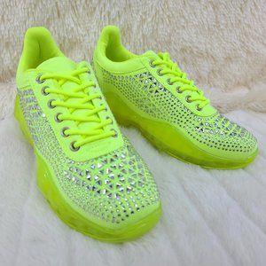 Iridescent Rhinestone Low Top Lace Up Sneakers In Neon Yellow